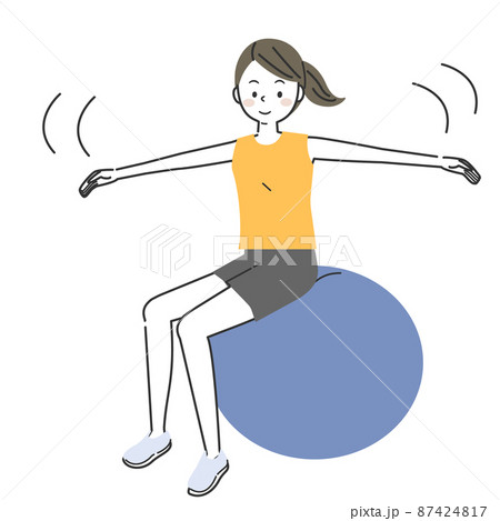 バランスボールに乗ってトレーニングをする女性のイラスト素材