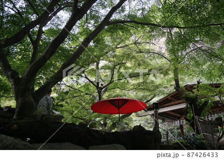 赤い野だて傘の下で一休みのコーヒー、歩き疲れた昇仙峡のハイキングコース 赤い野だて傘の下で一休みのコーヒー、歩き疲れた昇仙峡のハイキングコース 87426433