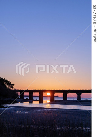 マジックアワーと共に昇る日出の宮崎県日南市山王の日南海岸山王浜を走るJR九州キハ40日南線通勤列車 87427780