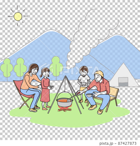 家族でキャンプして、カレーを作る 87427873