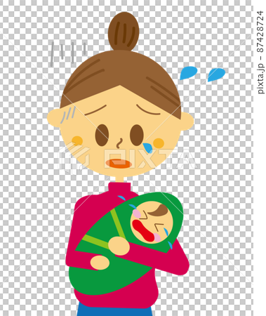 出産後、ワンオペになってしまい育児ノイローゼになっって涙が止まらない新米ママのイラスト 87428724