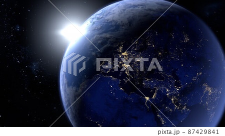 宇宙から見た地球のヨーロッパの夜景の3Dレンダリング 宇宙から見た地球のヨーロッパの夜景の3Dレンダリング 87429841