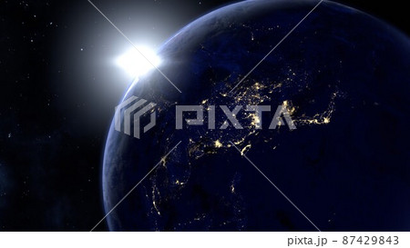 宇宙から見た地球のアジアの夜景の3Dレンダリング 87429843