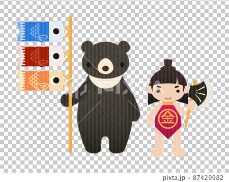 金太郎と鯉のぼりを持つクマのイラスト（テクスチャ有） 87429982