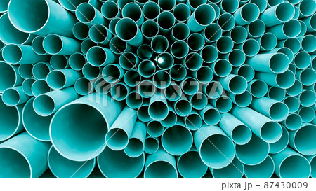 PVC pipes stacking on ground in construction site, 3D rendering. PVC pipes stacking on ground in construction site, 3D rendering. 87430009