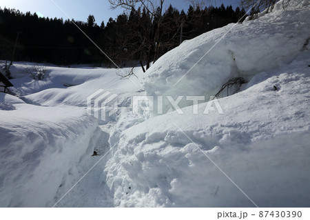 古民家の通路出口につくられた落雪注意の雪の固まり 福島県只見町 古民家の通路出口につくられた落雪注意の雪の固まり 福島県只見町 87430390