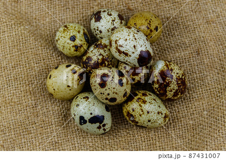 Quail eggs on a sackcloth background. Top view 87431007
