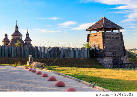 Medieval wooden Zaporozhian Sich on Khortytsia island in Zaporizhia, Ukraine 87431008