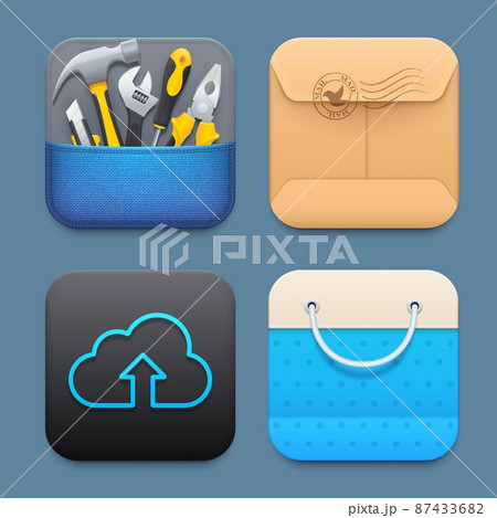 Online tools, cloud storage, shopping and mail icons. Technical support and settings, cloud service and data backup, online shopping, mailing and post service app user interface square realistic icons 87433682