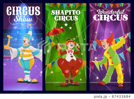 Shapito circus clowns, jesters and harlequin at funfair carnival show, vector banner. Circus carnival and funfair performance of funny cartoon clowns in magic show with balloons and umbrella on stage Shapito circus clowns, jesters and harlequin at funfair carnival show, vector banner. Circus carnival and funfair performance of funny cartoon clowns in magic show with balloons and umbrella on stage 87433684