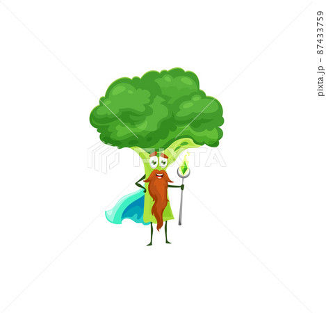 Cartoon bearded broccoli vegetable magician character. Farm vegetable sorcerer vector mascot, broccoli wizard funny character wearing cape, holding scepter with precious magic gemstone 87433759
