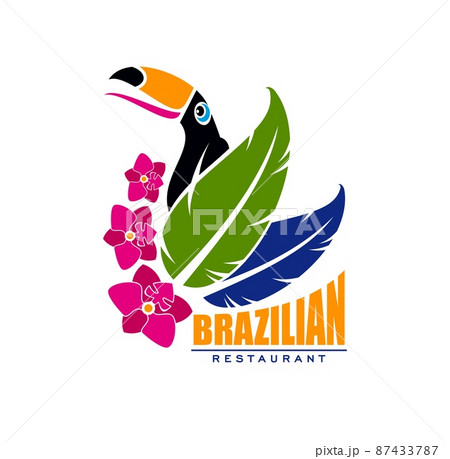 Brazilian cuisine restaurant icon with toucan in flowers. Brazil food cafe or restaurant vector emblem, symbol for menu decoration with tropical jungles bird, palm tree leaves and orchid flowers 87433787