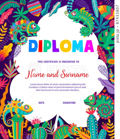 Mexican chameleon lizards, cactus and flowers, kids diploma vector education certificate. School certificate award or diploma with Mexican fiesta pattern on chameleon reptiles and cactus flowers Mexican chameleon lizards, cactus and flowers, kids diploma vector education certificate. School certificate award or diploma with Mexican fiesta pattern on chameleon reptiles and cactus flowers 87433807