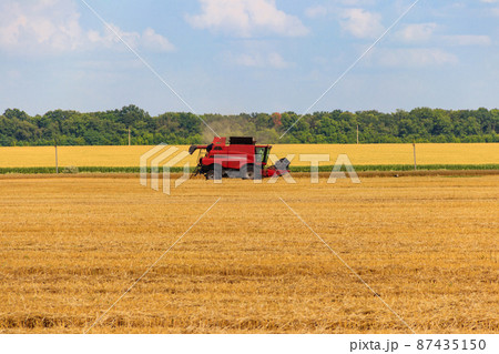 Combine harvester working on a wheat field. Harvesting the wheat. Agriculture concept Combine harvester working on a wheat field. Harvesting the wheat. Agriculture concept 87435150