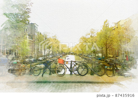 オランダ アムステルダムの街並み 自転車のイラスト素材 [87435916