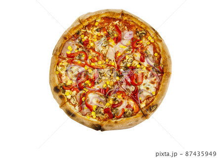 Delicious fresh pizza isolated on white background Delicious fresh pizza isolated on white background 87435949
