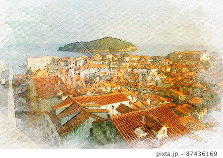 オレンジ色の屋根の街 ドブロブニク旧市街(クロアチア)のイラスト素材 