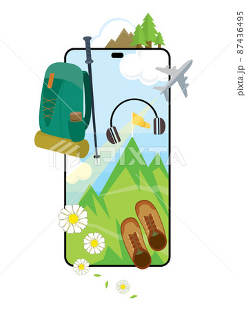 Online Trip planning concept. People booking plane or train travel vector illustration. Buy ticket online, mountain hiking, self driving, journey service, vacation and tourism airplane 87436495