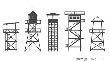 Observation tower in prison, army and for safari hunting. Military camp post silhouette vector illustration. 87436652