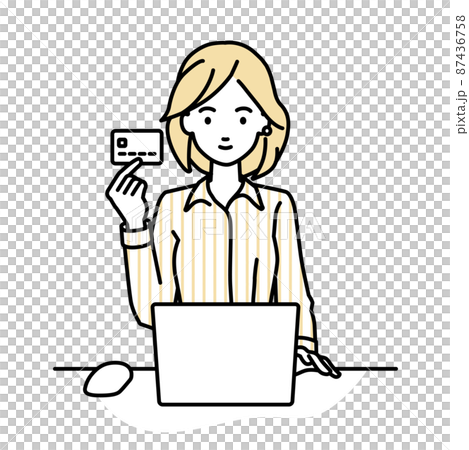 A woman in a blouse sitting at a desk and using a PC while holding a credit card 87436758
