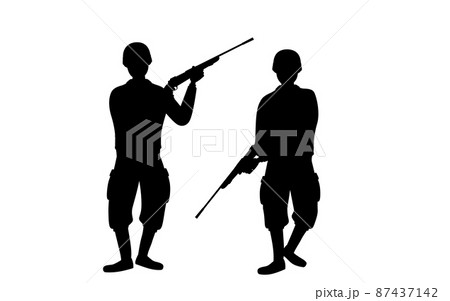 ライフル銃を構える兵士2人のシルエット、戦争やサバゲー ライフル銃を構える兵士2人のシルエット、戦争やサバゲー 87437142