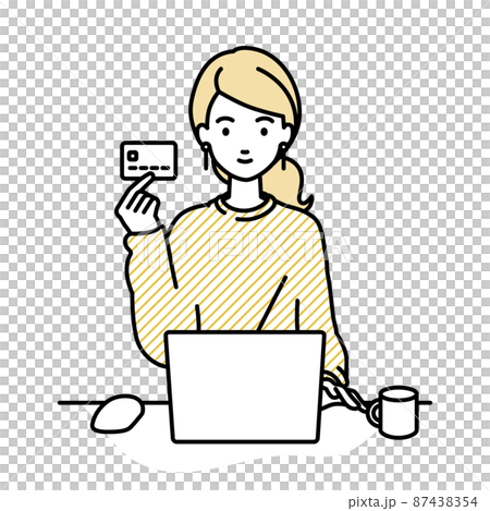 デスクで座ってPCを使いながらクレジットカードを手に持っているリモートワークの女性 デスクで座ってPCを使いながらクレジットカードを手に持っているリモートワークの女性 87438354