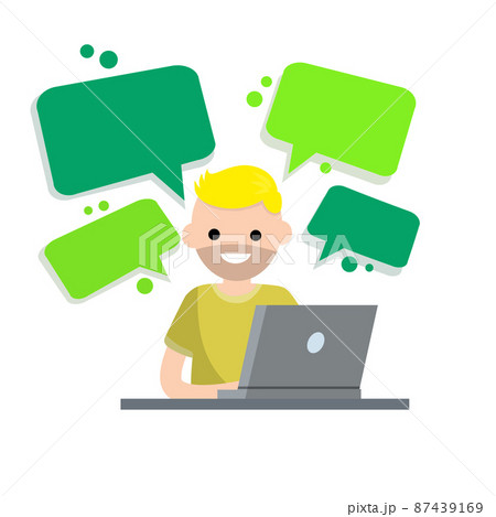Man with laptop. Smiling happy man in yellow t-shirt. Study and education. 87439169