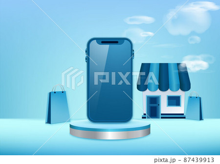 Blue mobile phone and mockup shop on blue pedestals overlap. Product display stand. Concept of online shopping on mobile app with shopping bags. Blue mobile phone and mockup shop on blue pedestals overlap. Product display stand. Concept of online shopping on mobile app with shopping bags. 87439913