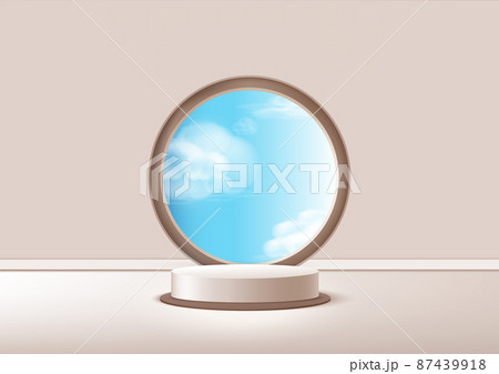 Display product podium scene. Abstract 3D product background light soft brown rendering with sky cloud shape circle wall scene. Stage for product, showcase. Display product podium scene. Abstract 3D product background light soft brown rendering with sky cloud shape circle wall scene. Stage for product, showcase. 87439918