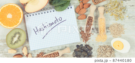 Notepad with inscription hashimoto and best ingredients or products for healthy thyroid Notepad with inscription hashimoto and best ingredients or products for healthy thyroid 87440180