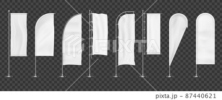 Realistic white beach flag. Advertising cloth banner on vertical flagpole, waving promotion fabric. Vector set illustrations realistic blank canvas flag 87440621