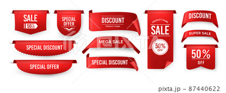 Ribbon price tag. Sale and special offer red label, offer sticker . Vector isolated set images collection badges retail Ribbon price tag. Sale and special offer red label, offer sticker . Vector isolated set images collection badges retail 87440622