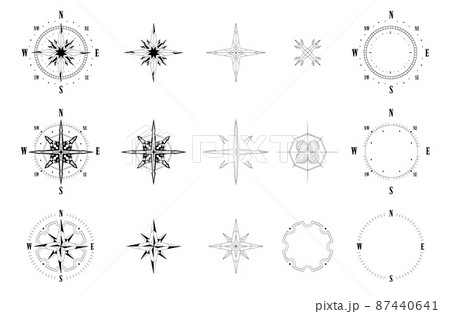 Compass dial and arrow. Construction kit of wind rose and vintage nautical compass symbol. Vector direction meter isolated set nautical direction navigator ship Compass dial and arrow. Construction kit of wind rose and vintage nautical compass symbol. Vector direction meter isolated set nautical direction navigator ship 87440641