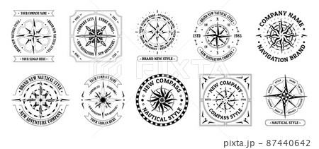 Compass vintage logo. Travel and explore cartography symbol, emblems with wind rose and direction arrows. Vector set pointer directions compass nautical direction 87440642