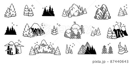 mountains and forest. Hand drawn landscape scene with wood and mountains sketch. Vector isolated set landscapes diversity sketch mountain mountains and forest. Hand drawn landscape scene with wood and mountains sketch. Vector isolated set landscapes diversity sketch mountain 87440643