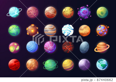 Cartoon planets. Space game objects, colorful planets for science fiction game. Vector astronomy set stickers illustrations coloured planets 87440662