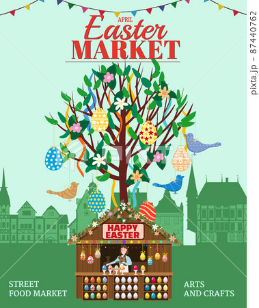 Easter Market poster, Holiday City Spring Fair. Easter Tree wooden stall decorated flowers, colored Easter eggs, bunny, baking. Europe architecture background. Vector illustration 87440762