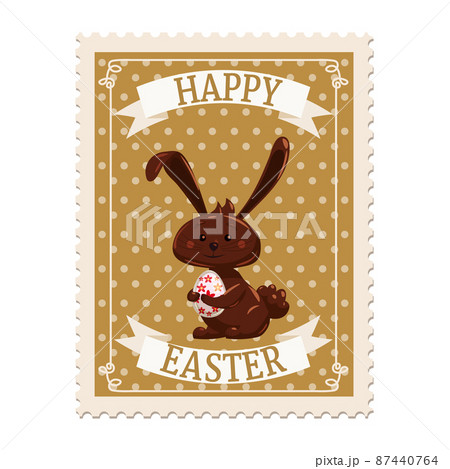 Easter postal stamp, chocolate bunny, retro graphic. Vintage vector 87440764