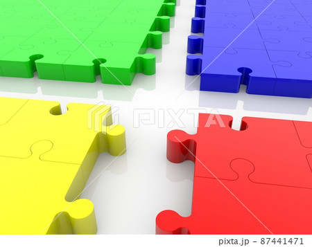 Pieces of four different color puzzles in unfinished construction 87441471