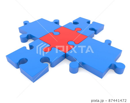 Puzzles crossroads with a red puzzle piece in the center on a white background Puzzles crossroads with a red puzzle piece in the center on a white background 87441472