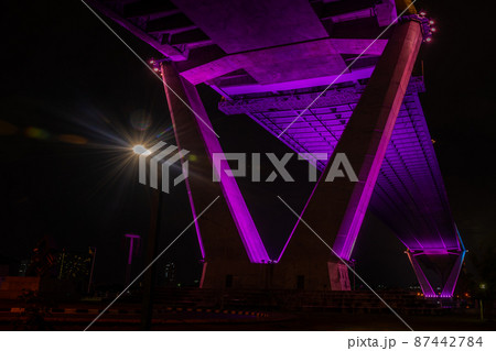 Under a bridge a pier, a landing architecture infrastructure - Bhumibol Bridge foundation post, foundation pillar abutment. 87442784
