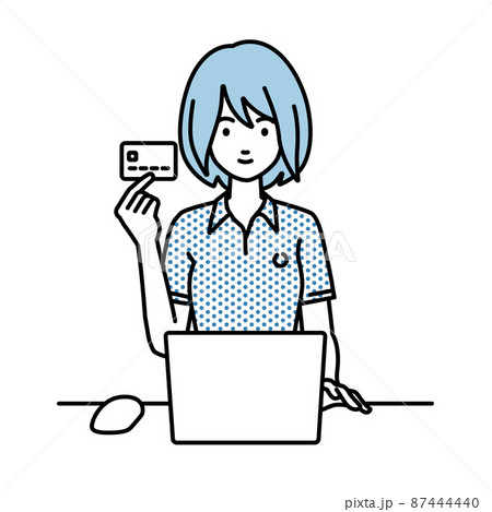 デスクで座ってPCを使いながらクレジットカードを手に持っているポロシャツの女性 デスクで座ってPCを使いながらクレジットカードを手に持っているポロシャツの女性 87444440