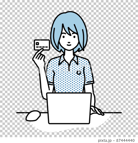 デスクで座ってPCを使いながらクレジットカードを手に持っているポロシャツの女性 デスクで座ってPCを使いながらクレジットカードを手に持っているポロシャツの女性 87444440