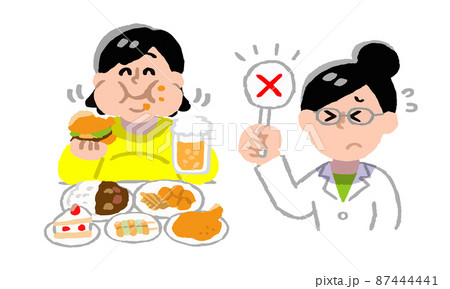 暴飲暴食する女性とドクターストップをかける女医（手描きカラー） 87444441