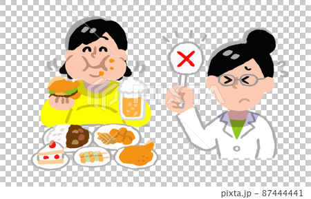暴飲暴食する女性とドクターストップをかける女医（手描きカラー） 87444441