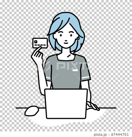 Esthetician clerk / receptionist woman sitting at a desk and using a PC while holding a credit card 87444701