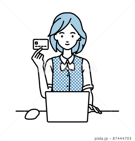 デスクで座ってPCを使いながらクレジットカードを手に持っている事務員制服の女性 デスクで座ってPCを使いながらクレジットカードを手に持っている事務員制服の女性 87444703