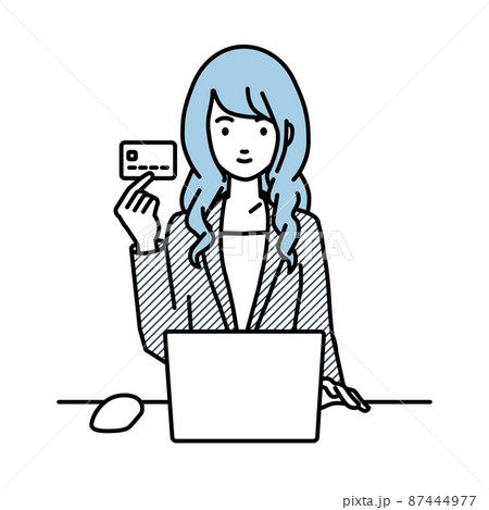 デスクで座ってPCを使いながらクレジットカードを手に持っているスーツの女性 デスクで座ってPCを使いながらクレジットカードを手に持っているスーツの女性 87444977