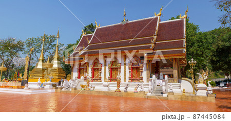 Two golden pagodas at Wat Phra That Doi Tung, Chiang Rai province, Thailand. Two golden pagodas at Wat Phra That Doi Tung, Chiang Rai province, Thailand. 87445084