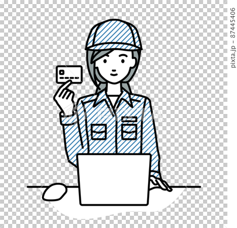 デスクで座ってPCを使いながらクレジットカードを手に持っている作業員の女性 デスクで座ってPCを使いながらクレジットカードを手に持っている作業員の女性 87445406